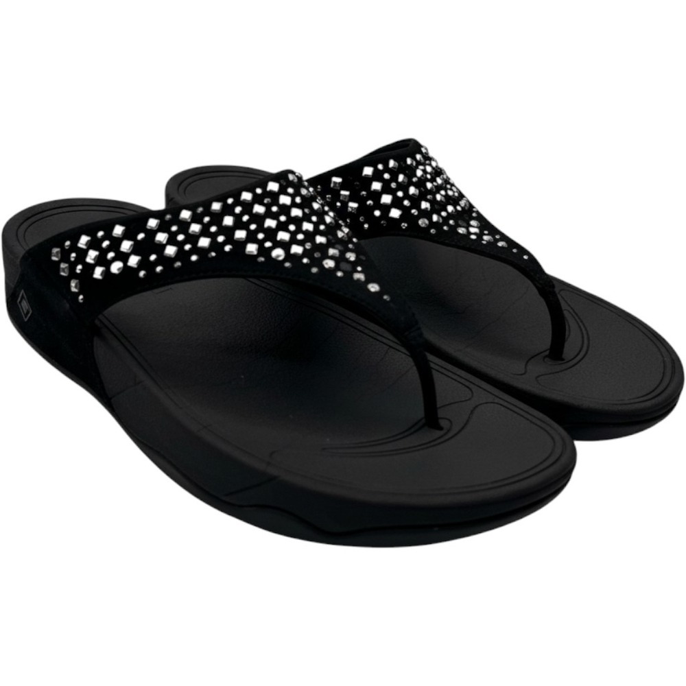 FitFlop Microwobbleboard Black Studded Crystal Thong Sandals Womens 8